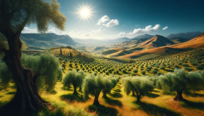 Un vasto uliveto siciliano con alberi secolari sotto il sole mediterraneo.