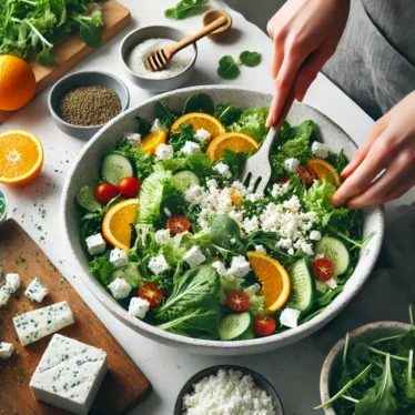 Preparazione dell'insalata estiva con lattuga, rucola, arance e feta