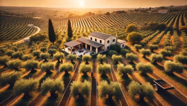 Immagine panoramica di un uliveto e una fattoria a conduzione familiare in Sicilia. Si vede un casale rustico circondato da filari di ulivi, con alcuni lavoratori che si prendono cura dei campi. L'atmosfera è calda e invitante, con il sole che tramonta sullo sfondo e una luce dorata che illumina dolcemente la scena."