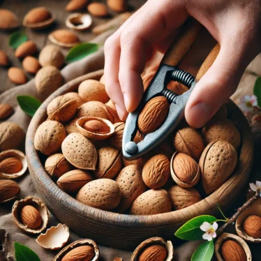 Immagine ravvicinata di mandorle in guscio tenero siciliane in una ciotola rustica di legno. Una mano sta delicatamente rompendo una mandorla per rivelare il seme interno, con alcuni pezzi di guscio sparsi intorno. Rami di mandorlo con foglie verdi aggiungono un tocco naturale alla composizione, mettendo in evidenza la texture e il contrasto tra il guscio marrone chiaro e il seme color crema.