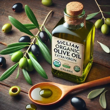 Immagine ravvicinata di una bottiglia in vetro trasparente di olio extravergine di oliva biologico siciliano, posizionata accanto a olive verdi e nere appena raccolte. La bottiglia ha un'etichetta che indica il prodotto come certificato biologico. Accanto alla bottiglia, un cucchiaio di legno contiene alcune gocce d'olio, mostrando il suo colore verde-oro ricco e la sua consistenza densa. Sullo sfondo, un ramo d’olivo con foglie evidenzia la connessione naturale del prodotto.