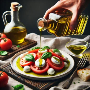 Immagine di alta qualità di un piatto gourmet con una mano di chef che versa olio extravergine di oliva biologico siciliano su un'insalata Caprese fresca composta da pomodori, mozzarella e foglie di basilico. La tavola è apparecchiata con un piatto bianco, un pezzo di pane e una ciotola di olio d'oliva per intingere