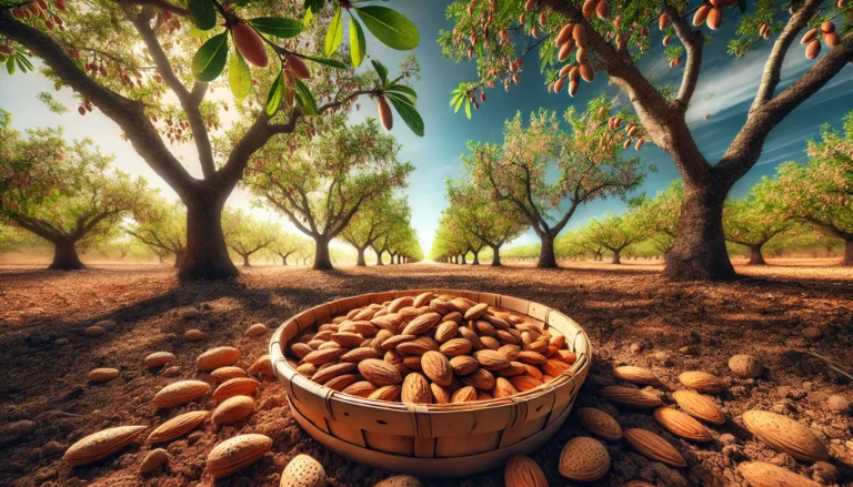 Orto di mandorle biologiche in Sicilia durante la raccolta, con un cesto di mandorle fresche in primo piano e alberi carichi di frutti sullo sfondo.